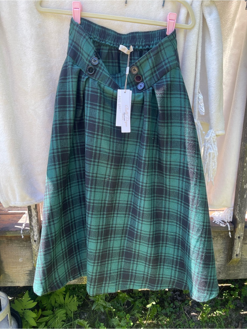 Plaid Green A-Line Skirt with Buttoned Waist